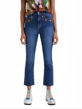 DESIGUAL | Women's Floral Embroidered High-Waisted Cropped Flare Jeans
